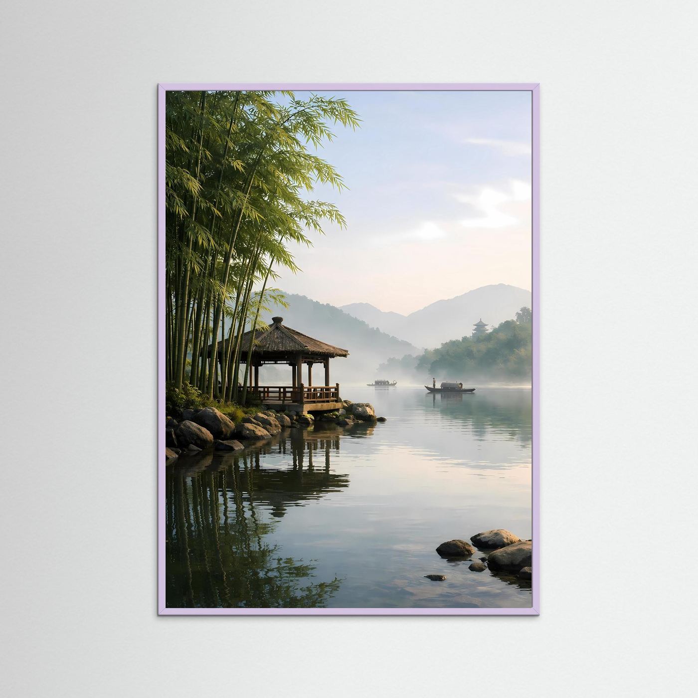 Poster Traditioneller Pavillon am Bambus-Flussufer | Klares Asiatisches Wandbild