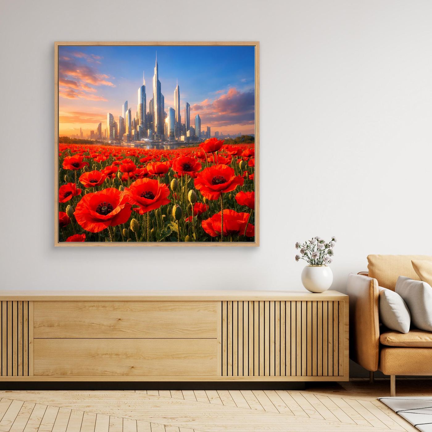 Gerahmtes Leinwandbild: rote Mohnblüten vor futuristischer Stadt-Skyline bei Sonnenuntergang