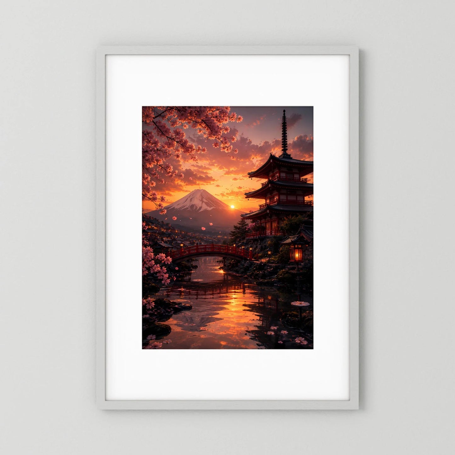 Hochformatposter mit japanischem Tempel, Kirschblüten und Berglandschaft bei Sonnenuntergang