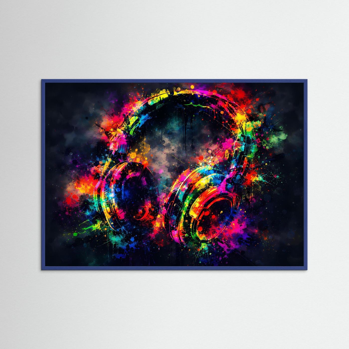 Wandbild mit bunten DJ-Kopfhörern im Pop-Art-Stil, blauer Holzrahmen