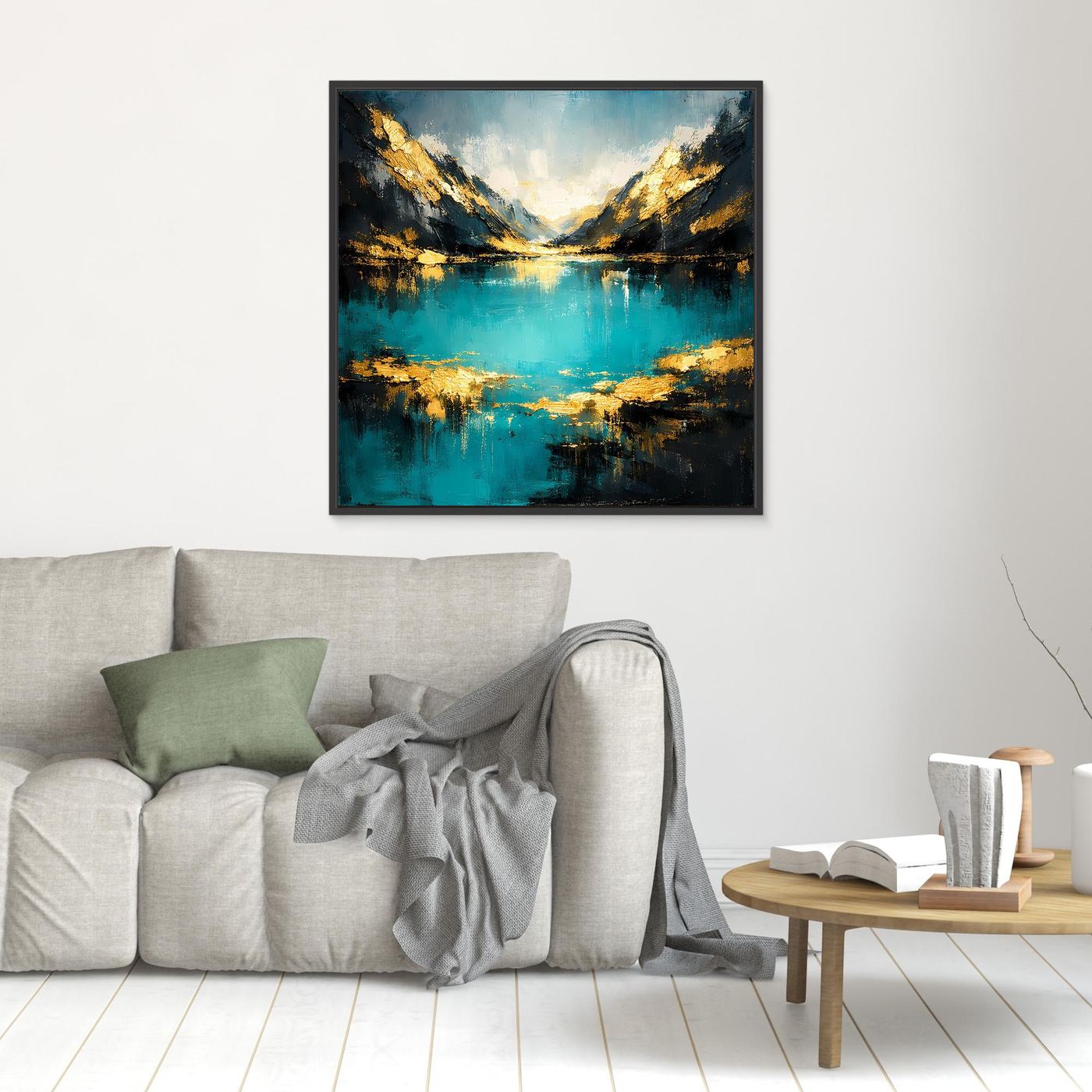 Kleines Abstrakt-Wandbild Leinwand mit türkis-goldenem Bergsee, schwarzer Rahmen