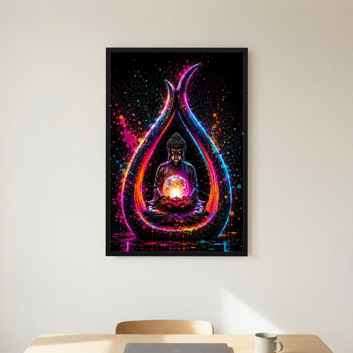 Buddha in Neonfarben | Meditation mit leuchtender Lotusblüte | Poster Hochformat