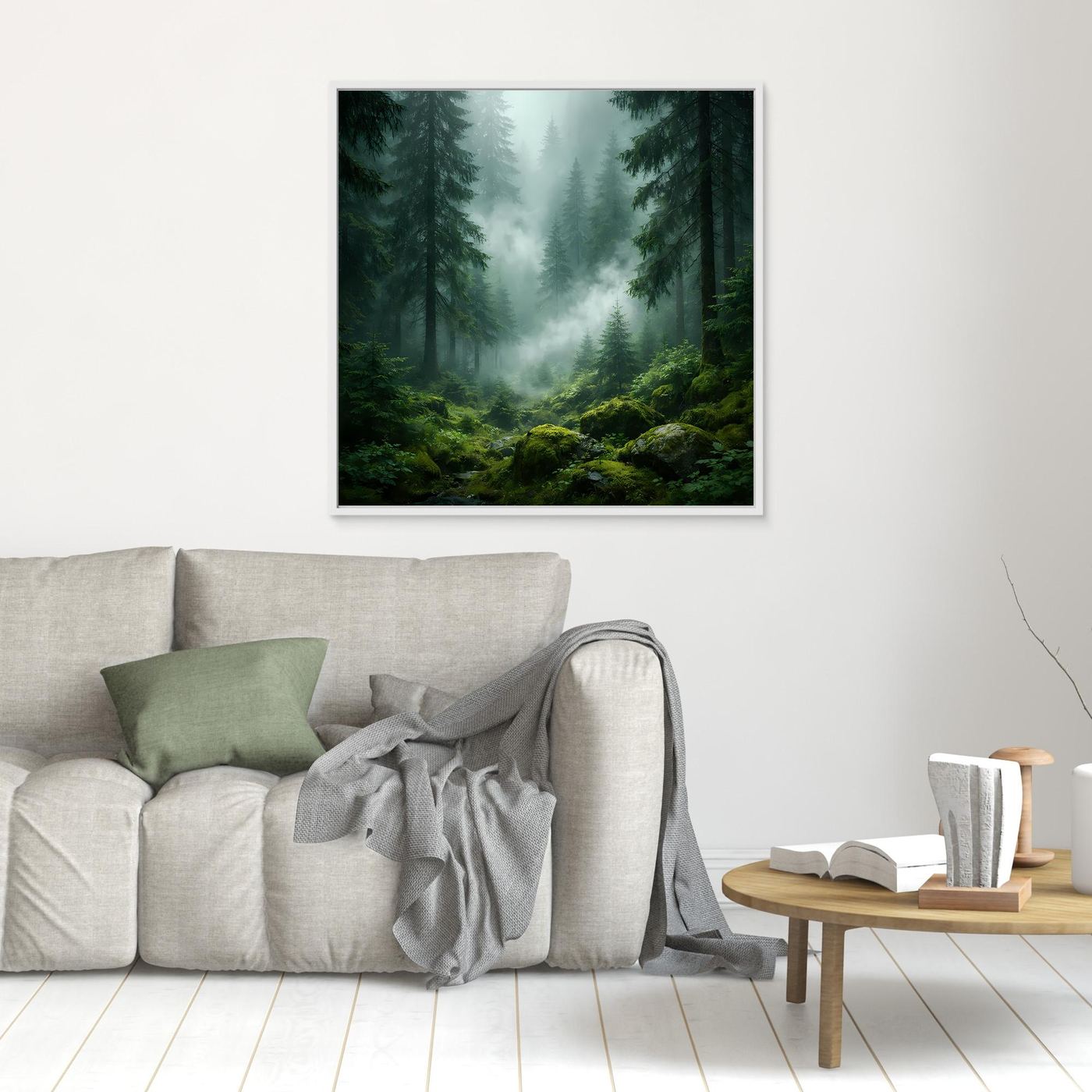 Leinwandbild Grüner Nebelwald mit Tannen und Nebelschwaden, ohne Rahmen