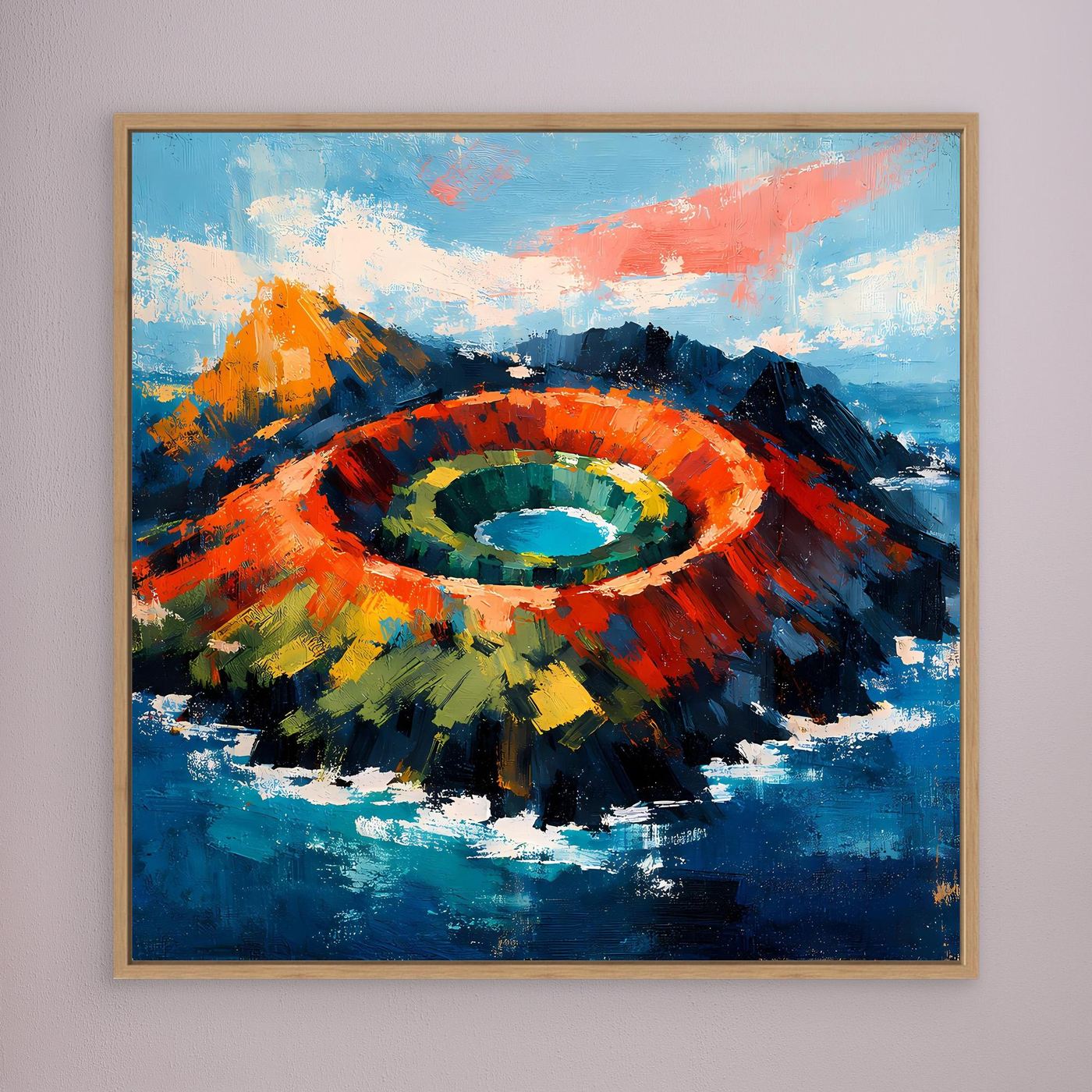 Gerahmtes Leinwandbild mit Vulkankrater im Meer, runder Farbwirbel in Blau, Orange und Rot.