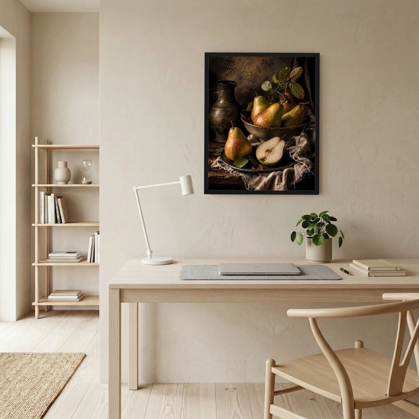 Wandbild-Poster mit Birnen-Stillleben, Früchte in dunkler Schale, schwarzer Rahmen