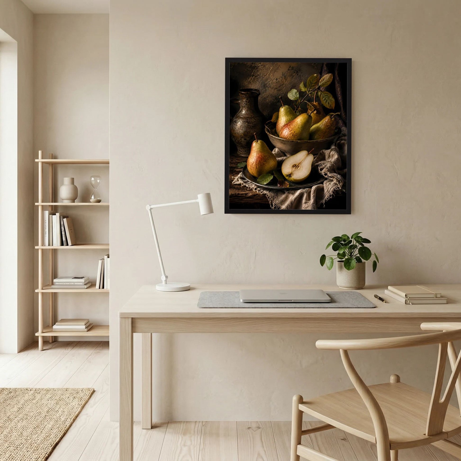 Wandbild-Poster mit Birnen-Stillleben, Früchte in dunkler Schale, schwarzer Rahmen