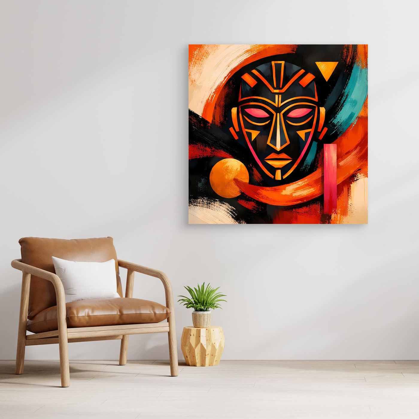 Leinwandbild einer abstrakten afrikanischen Maske mit orange-rotem Hintergrund und türkisfarbenen Bereichen