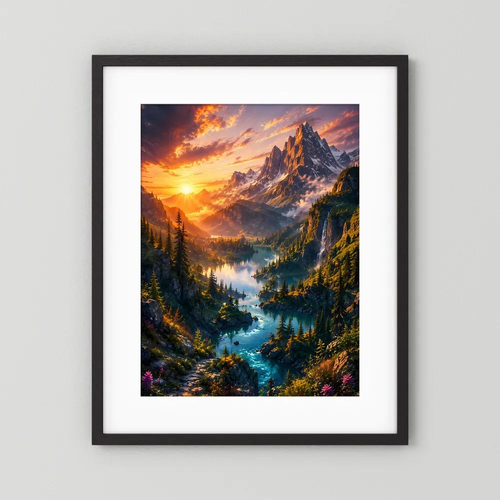 Hochformat-Poster mit schwarzem Rahmen und weißem Passepartout, Berglandschaft bei Sonnenaufgang