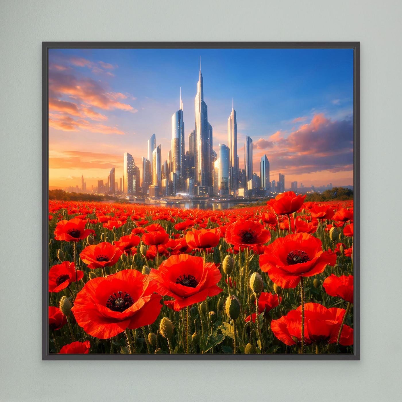 Leinwandbild mit rotem Mohnfeld und futuristischer Skyline im dunklen Rahmen