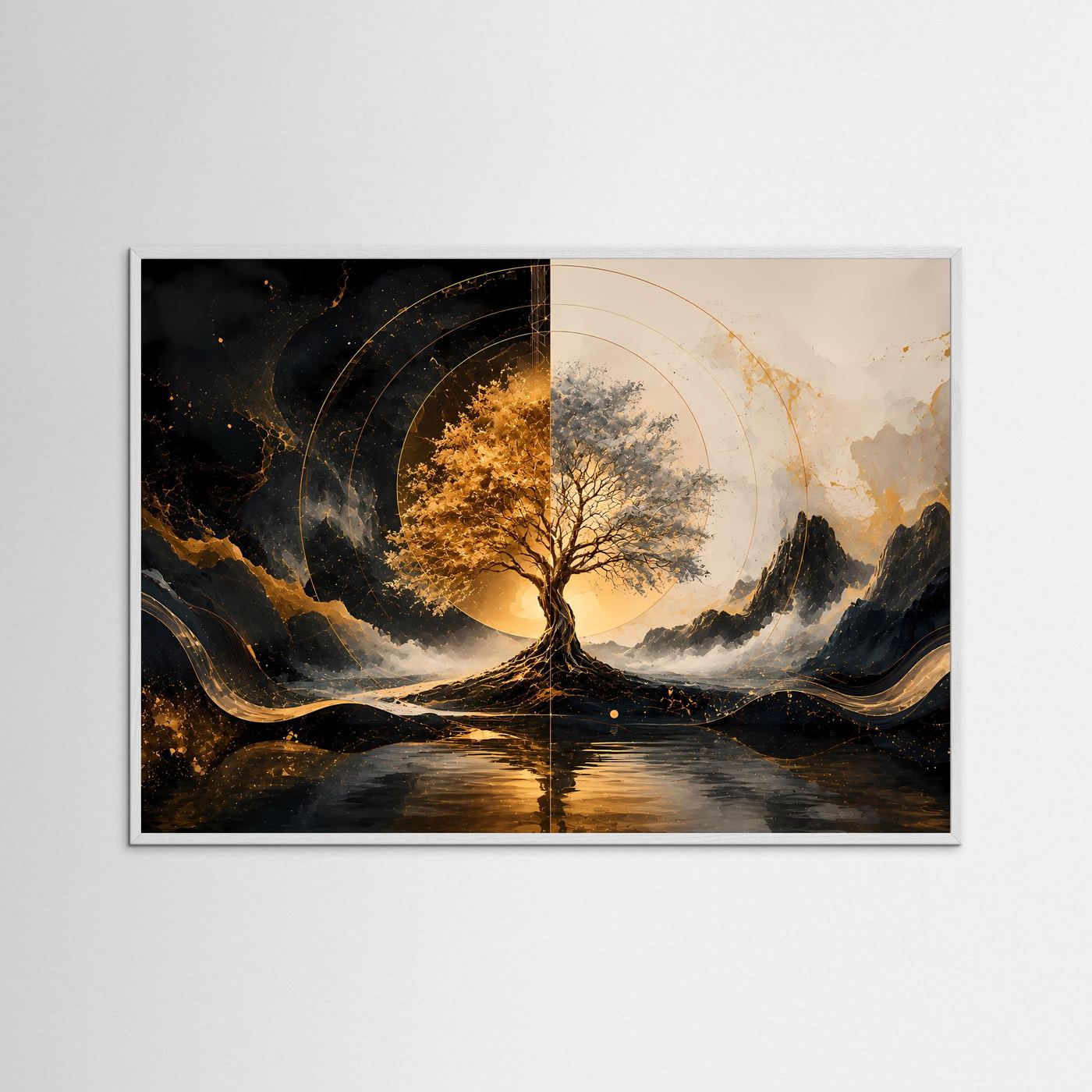 Baum des Lebens in Schwarz & Gold | Mystische Landschaftskunst mit Bergen