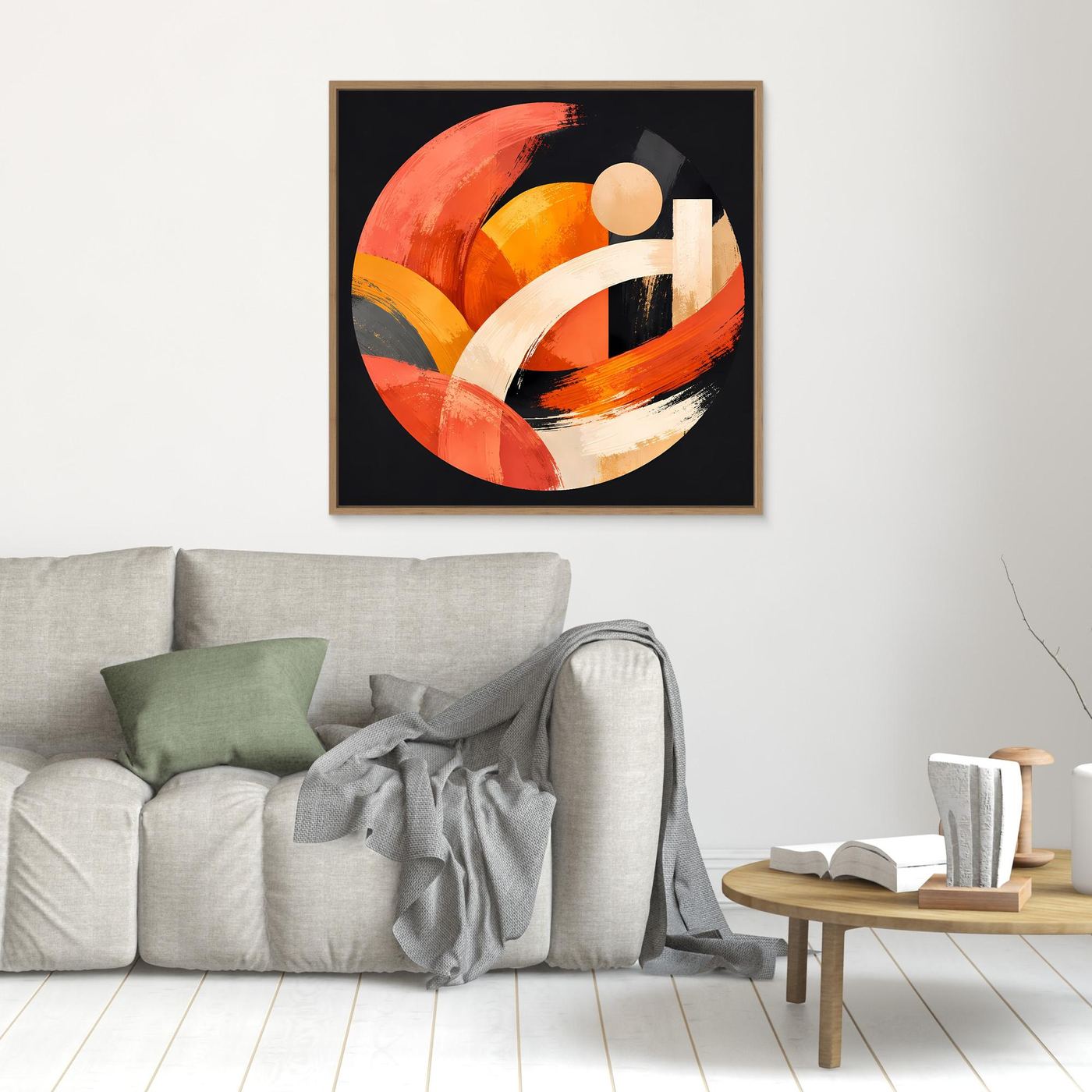 Gerahmtes Leinwandbild mit abstraktem geometrischem Kreis in Orange und Beige, goldbrauner Rahmen