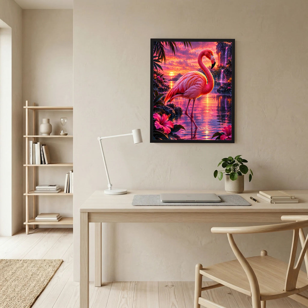 Flamingo-Tierposter im Wohnraum: pinker Flamingo, Wasserstreifen und leuchtender Himmel im Rahmen