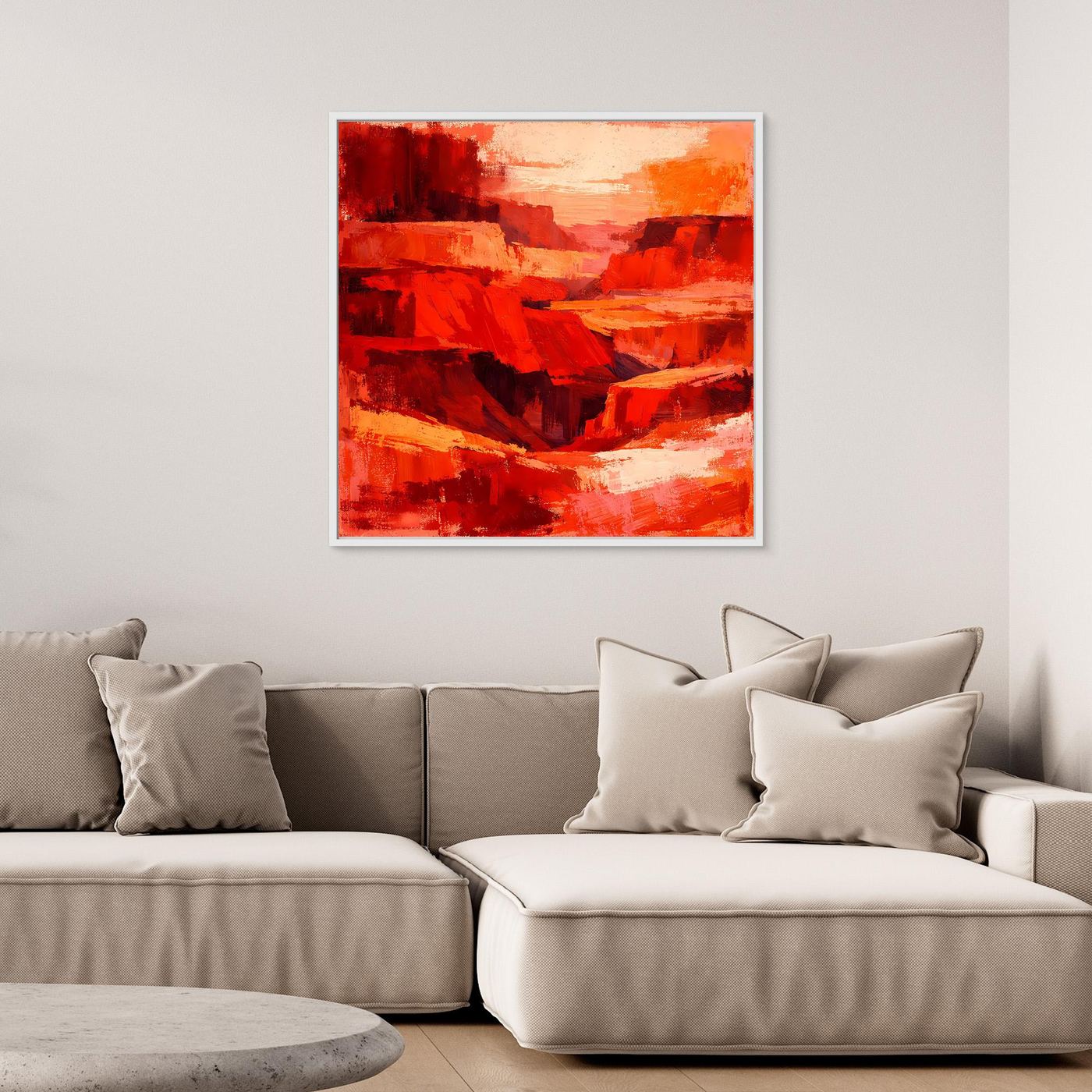 Leinwand-Wandbild mit abstrakter Schlucht in Rot und Orange mit weißem Rahmen