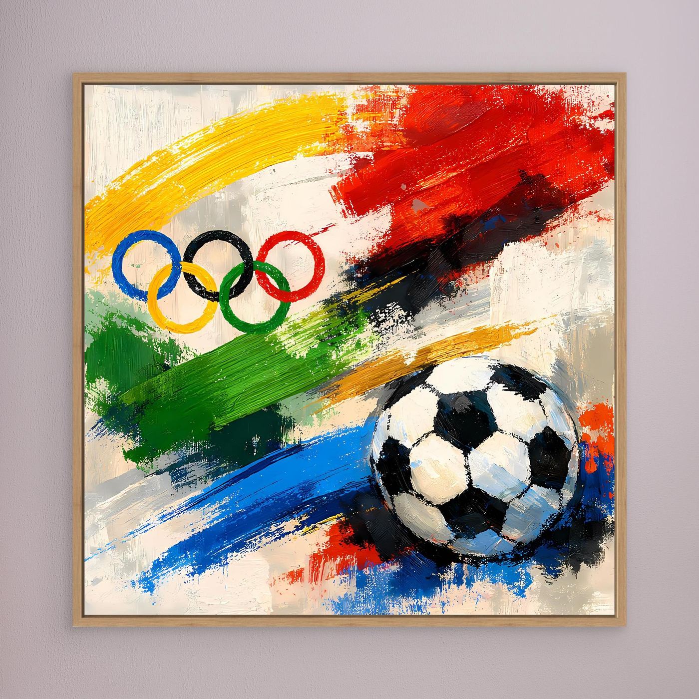 Braunes gerahmtes Leinwandbild mit abstrakten Farbstrichen, olympischen Ringen und Fußball