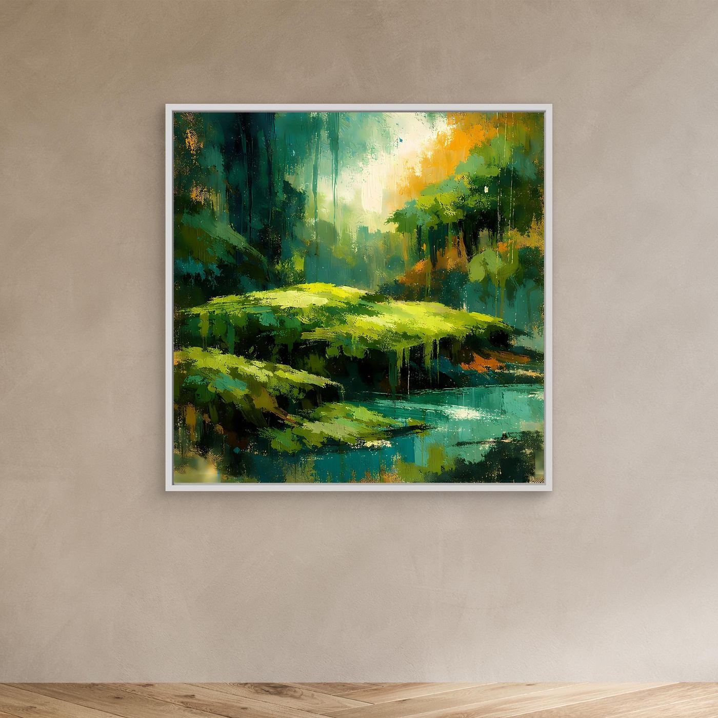 Abstraktes Natur-Wandbild mit grünem Fluss, gelben Baumkronen und Lichtschimmer, weißer Rahmen