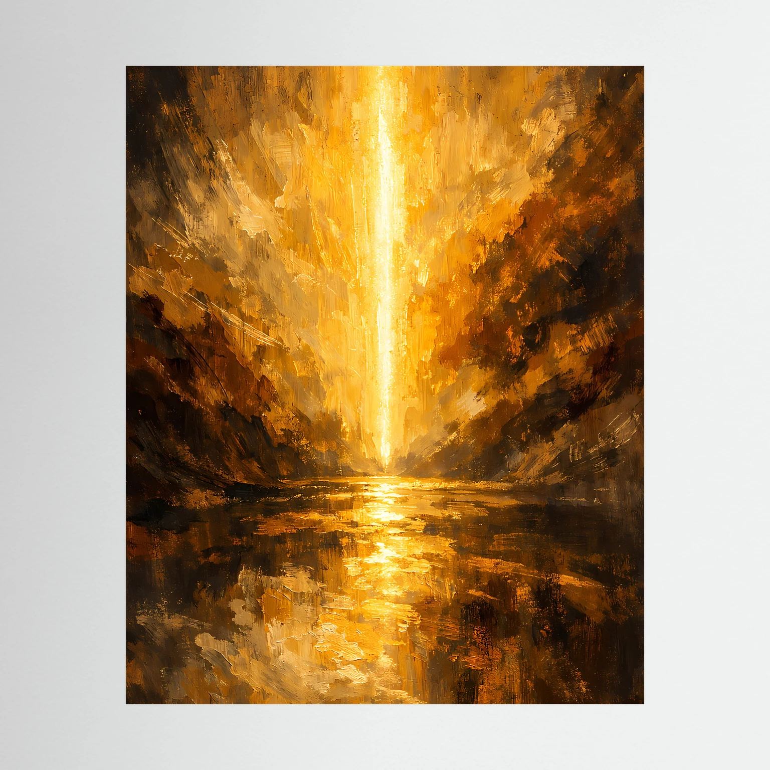 Hochformat-Poster mit goldener Lichtquelle im Canyon, abstrakt in Schwarz und Gold
