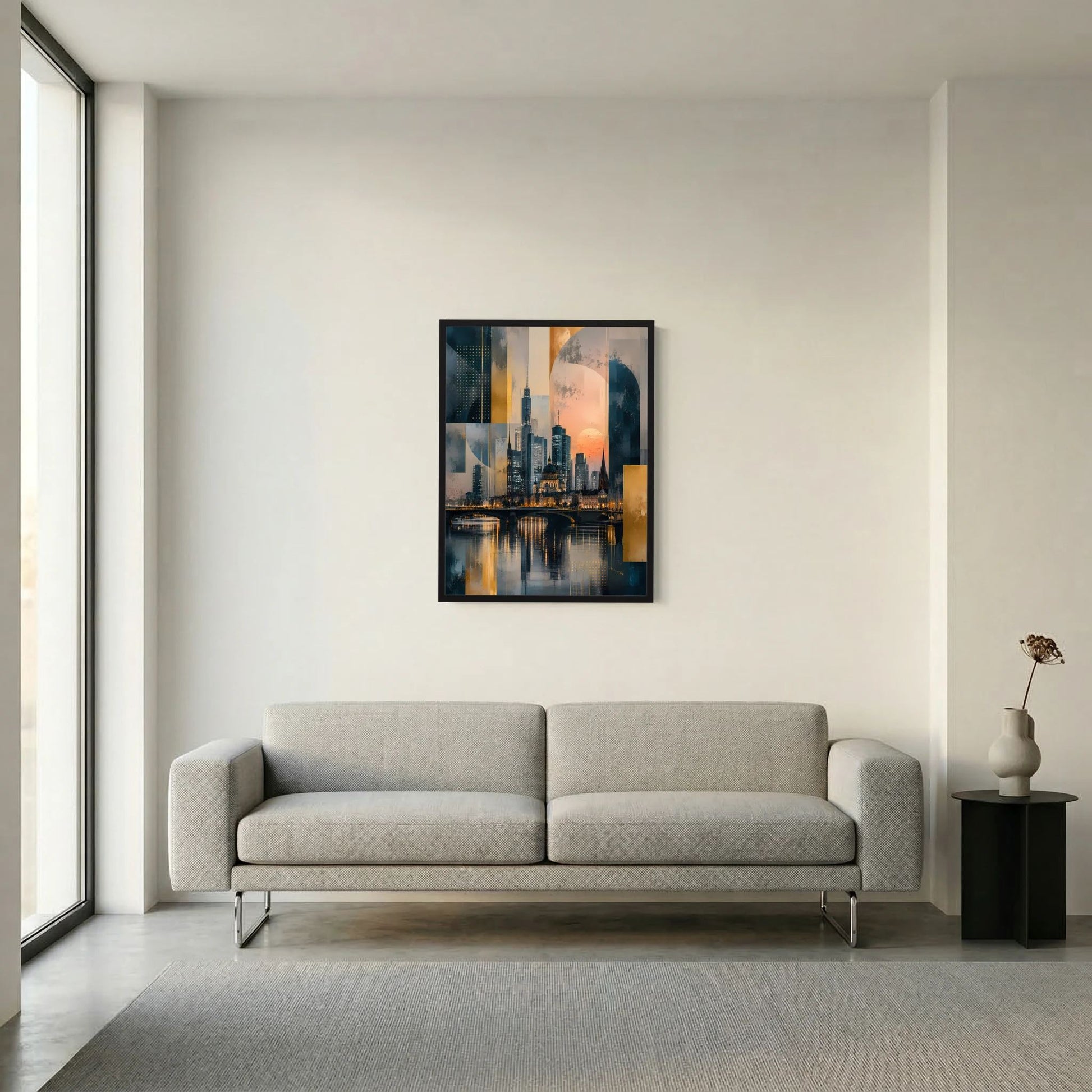 Poster im Hochformat mit abstrakter Skyline am Fluss, Gold- und Petrolfarben, schwarzer Rahmen