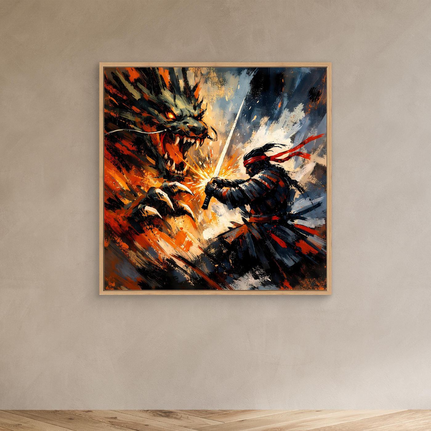 Premium Leinwand Samurai gegen Drache | Abstraktes Fantasy Wandbild Voller Dynamik & Kampfgeist
