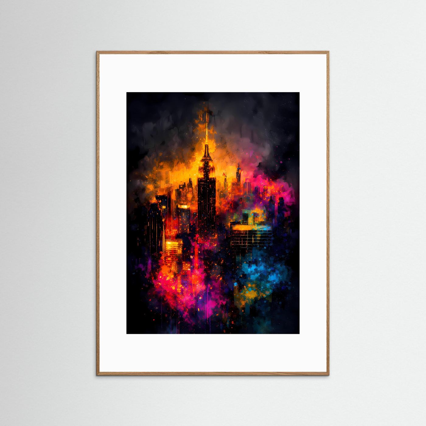 Lichter der Großstadt | Abstraktes New York Skyline Poster in leuchtenden Farben | Modernes Kunstposter Hochformat