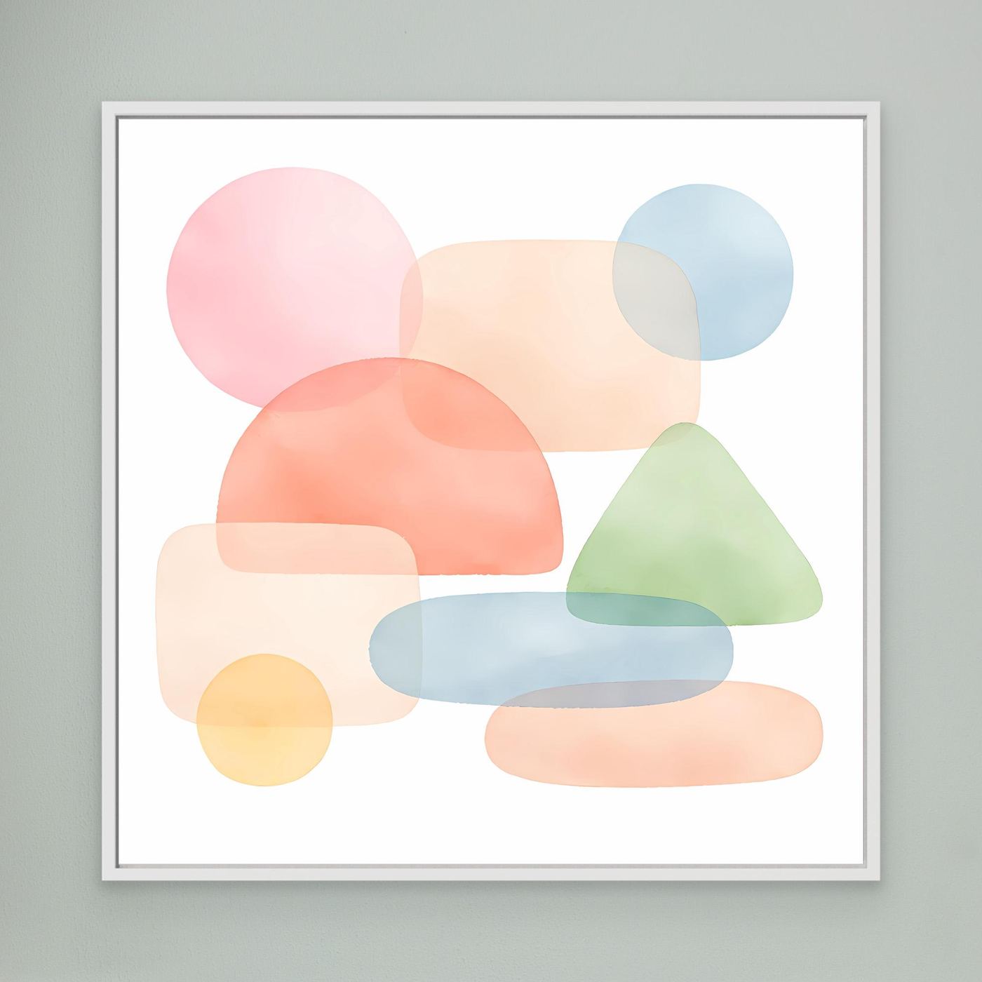 Leinwandbild mit abstrakten Pastellformen in Pink, Blau, Grün und Beige, weiß gerahmt