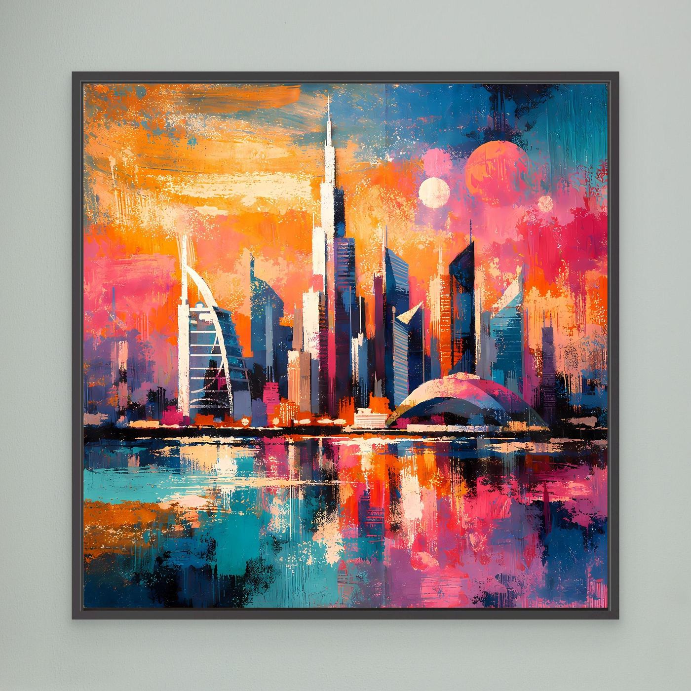 Großes Leinwand-Wandbild mit bunter Dubai-Skyline bei Nacht, schwarzer Rahmen