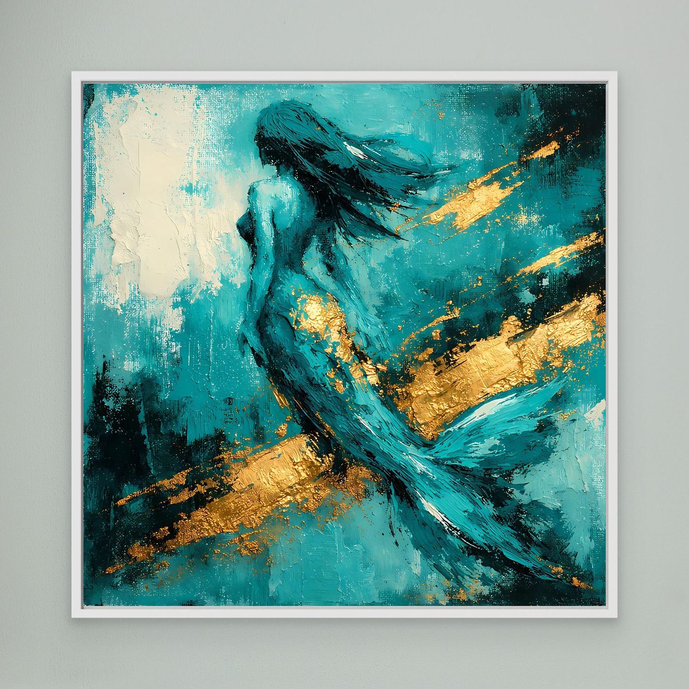 Leinwand Elegante Meerjungfrau in Türkis | Abstraktes Nixen Wandbild Gold Blau