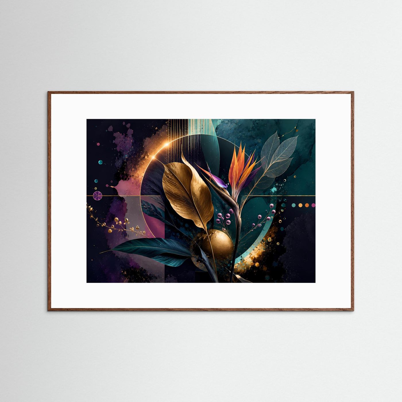 Goldene Strelitzie | Abstrakte Botanische Kunst in Petrol, Gold & Violett – Elegante Wandkunst