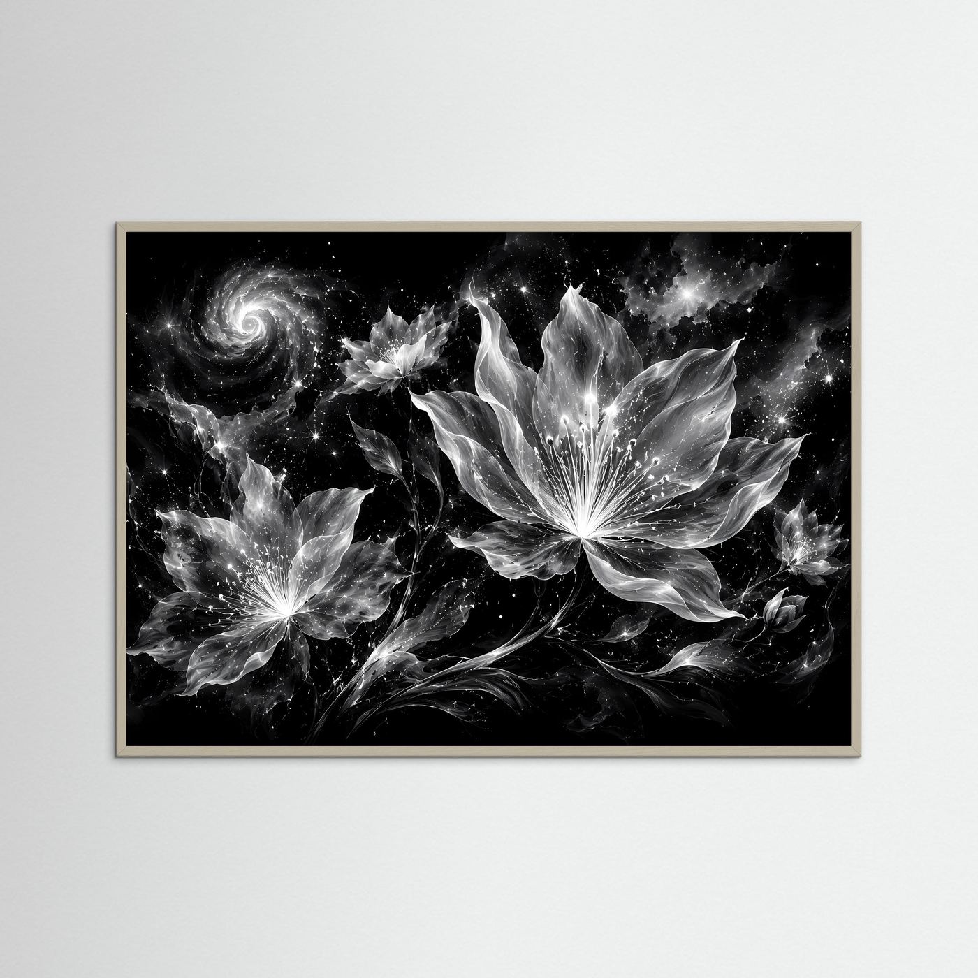 Schwarz Weiß Blumen Poster | Kosmische Blüten Wandkunst | Abstrakte Florale Kunst | Moderne Monochrome Leinwand | Galaxy Design