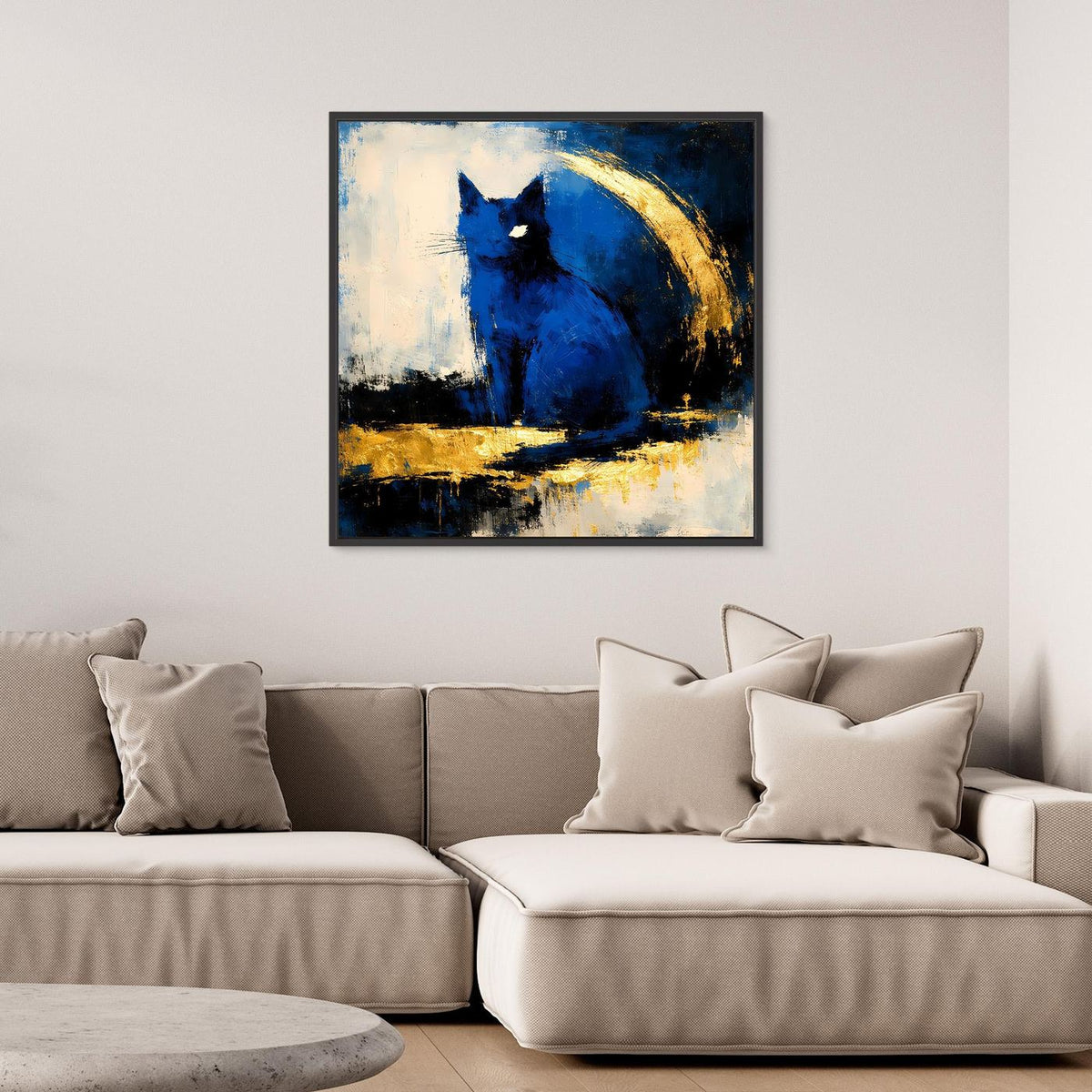 Gerahmtes Leinwandbild: abstrakter Elefant in Blau mit goldener Bogenform und Pinselstrichen
