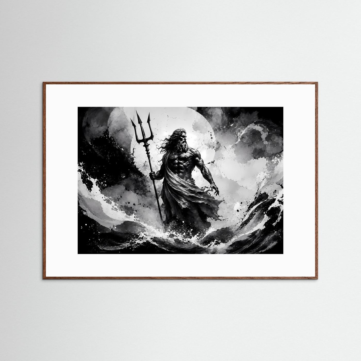 Poseidon Schwarz Weiß Wandbild | Griechische Mythologie Poster | Gott des Meeres mit Dreizack | Monochrome Fantasy Kunst | Moderne Leinwand