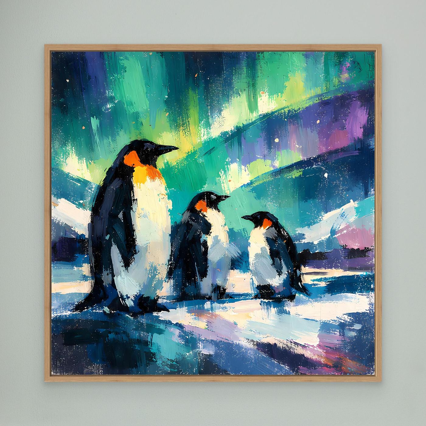 Leinwand Majestätische Pinguine unter Polarlichtern | Abstraktes Antarktis & Nordlicht Wandbild