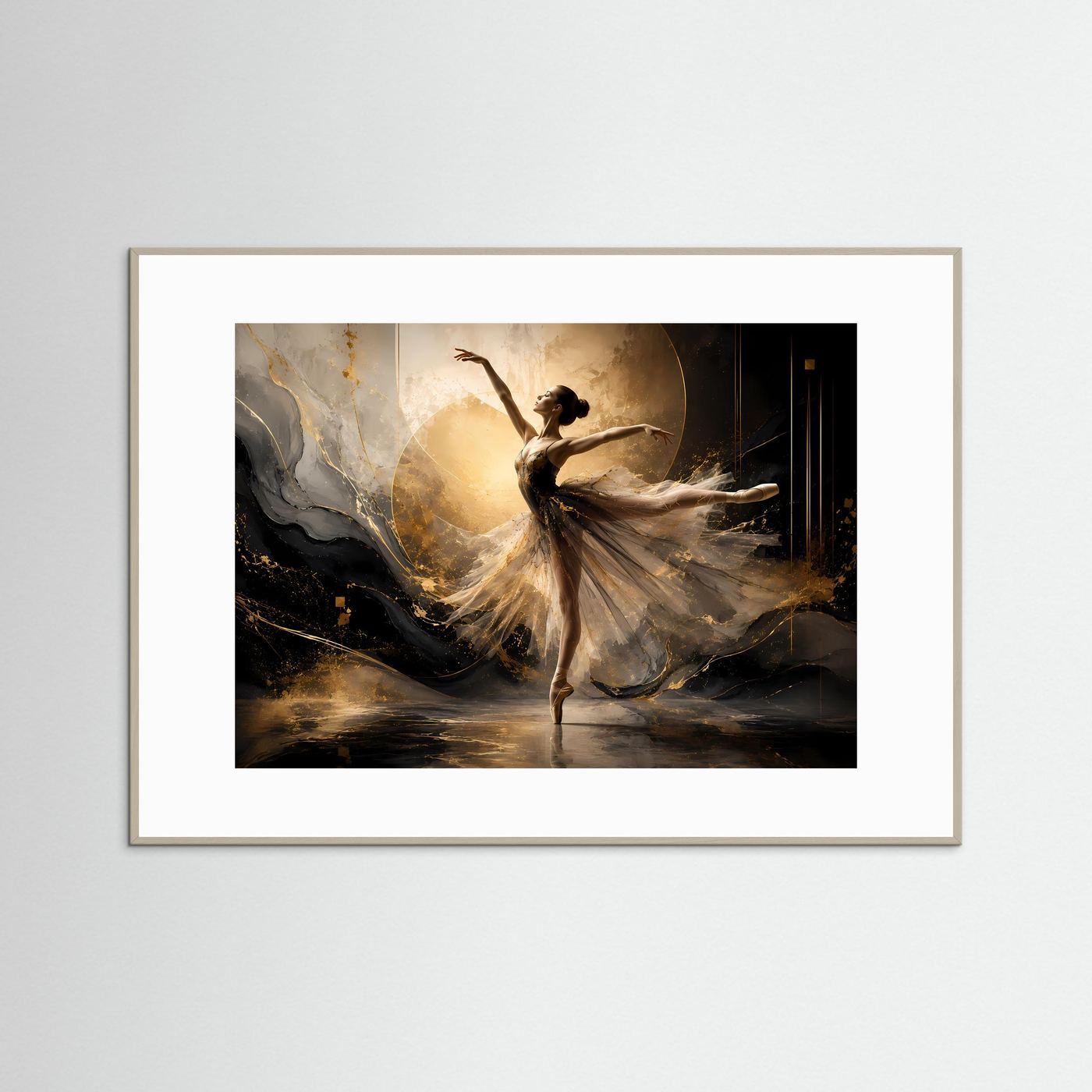 Poster Querformat mit tanzender Ballerina: schwarz, Creme und Gold, grauer Rahmen