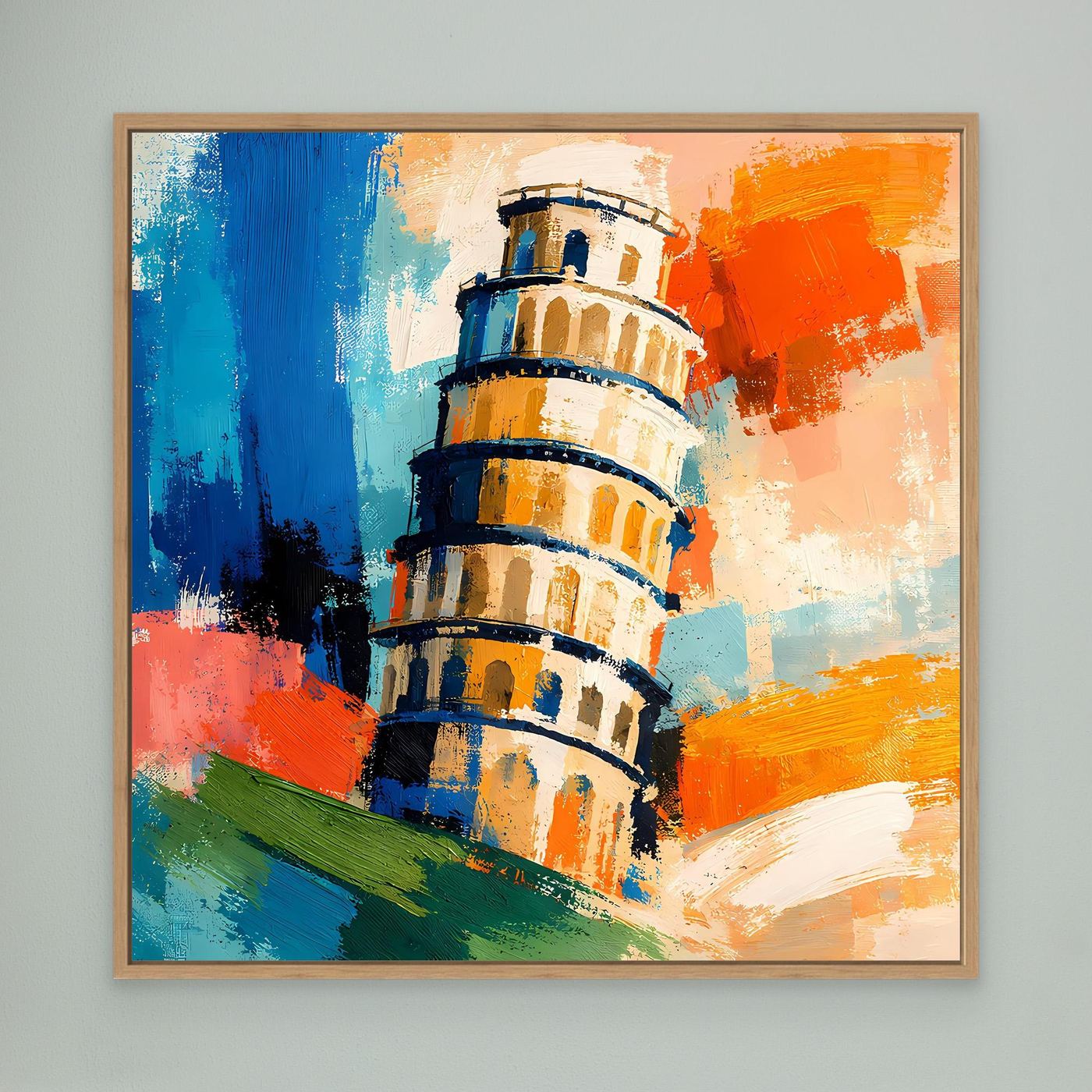 Abstract canvas wall art of Pisa tower with blue, orange, and green paint strokes in oak frame.