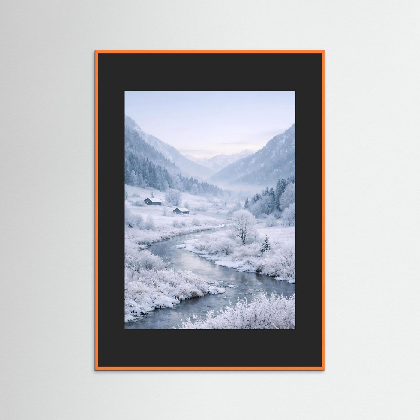 Wandbild mit Winterlandschaft, dunkler Holzrahmen mit schwarzem Passepartout