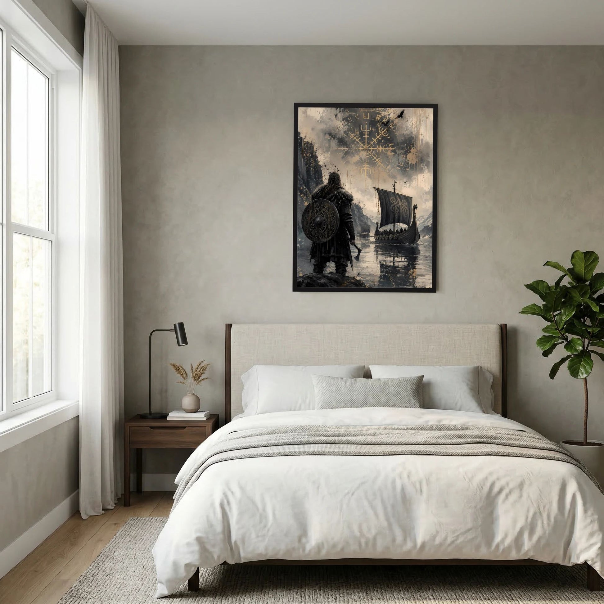 Hochformat-Poster mit Wikingerkrieger und Langschiff, Runen im schwarzen Rahmen