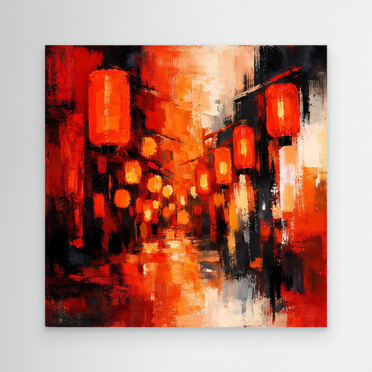 Leinwand Traditionelle Rote Lampions in asiatischer Gasse | Fernöstliche Wandkunst auf echter Leinwand