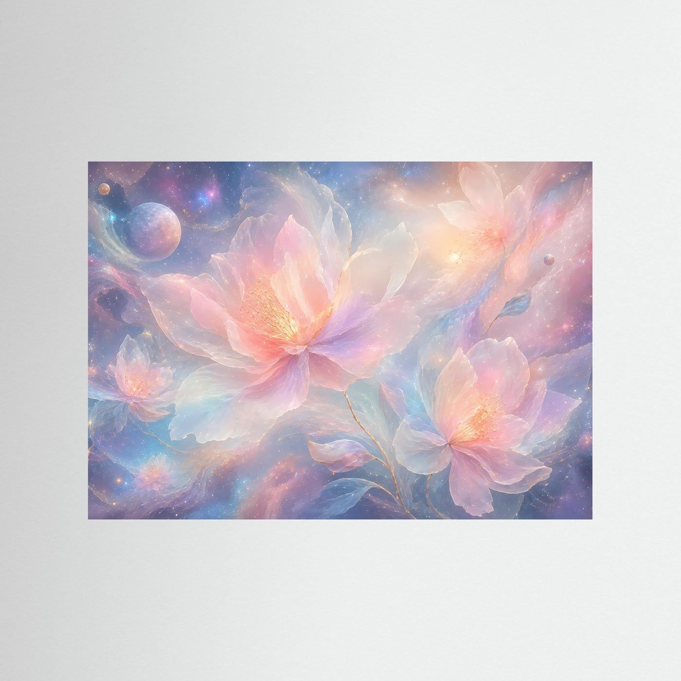 Kosmische Blumen Poster | Pastell Galaxy Wandkunst | Surreale Blumen mit Sternenhimmel | Modernes Fantasy Wandbild