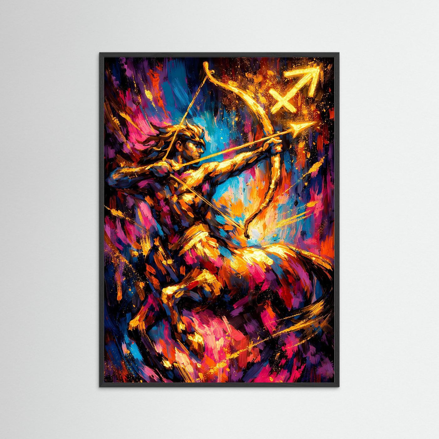 Sternzeichen-Poster Schütze mit abstrakter Neon-Goldgrafik, Bogenschütze, im schwarzen Rahmen.