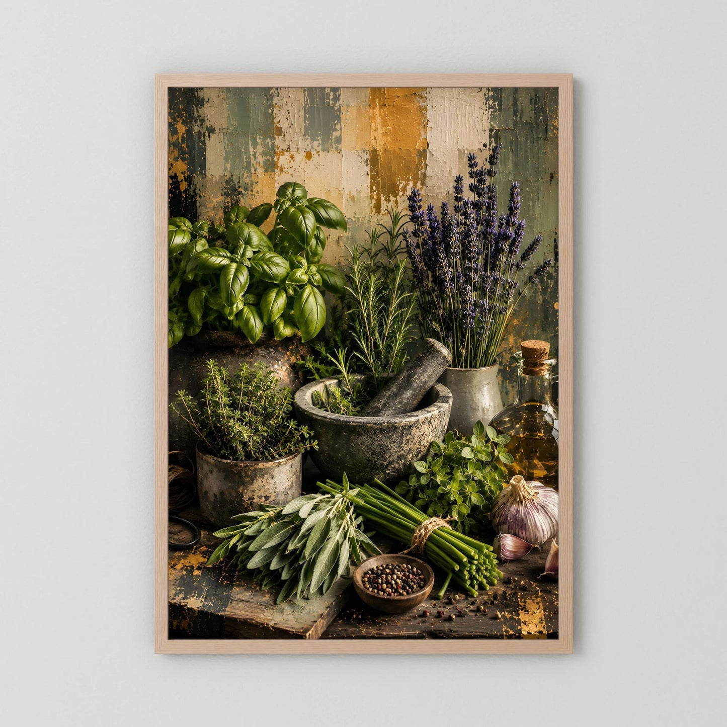 Küchenposter mit hellem Holzrahmen und Kräuterstillleben: Lavendel, Basilikum, Töpfe
