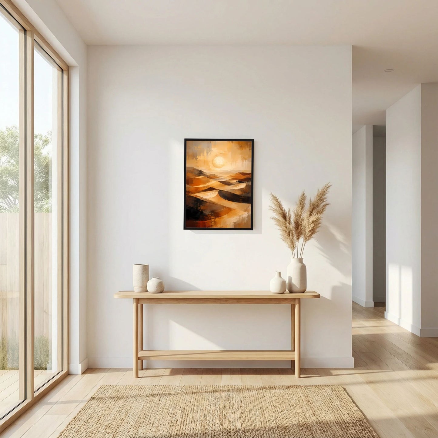 Gerahmtes Hochformat-Poster mit abstrakten Dünen in warmen Gold-Orange-Farben