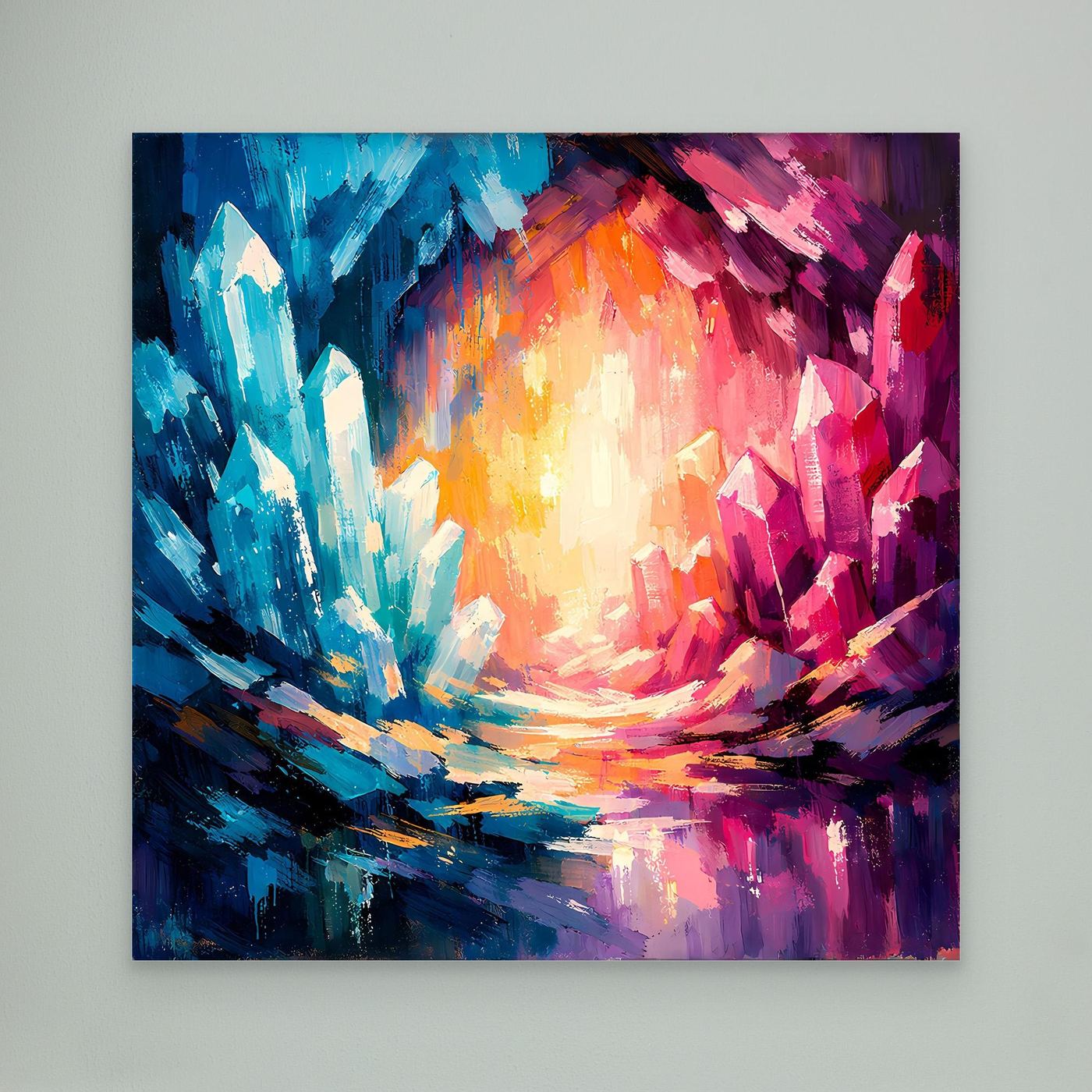 Abstract canvas wall art with blue, pink, and orange crystal burst