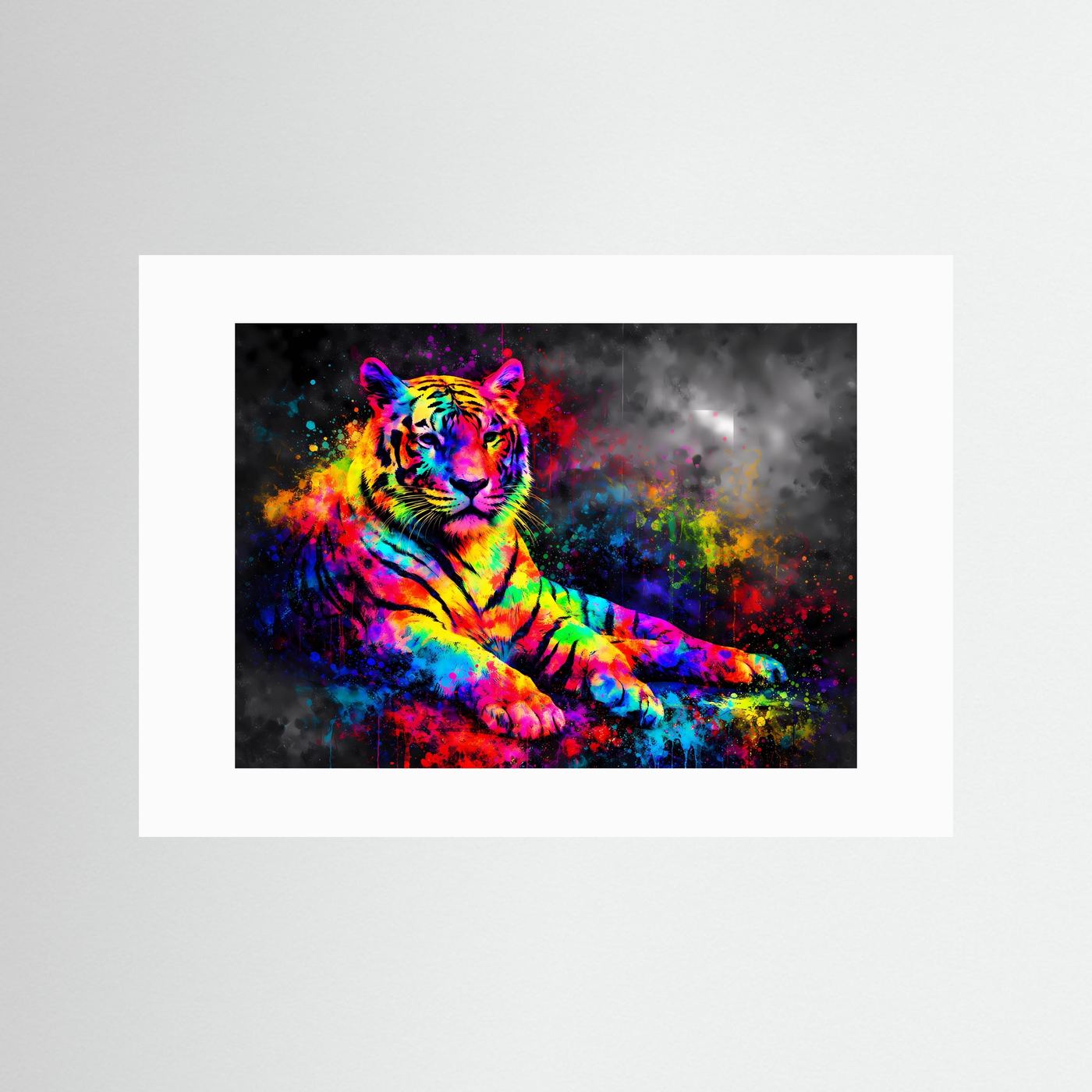 Neon-Graffiti-Tigerposter im Querformat mit weißem Passepartout