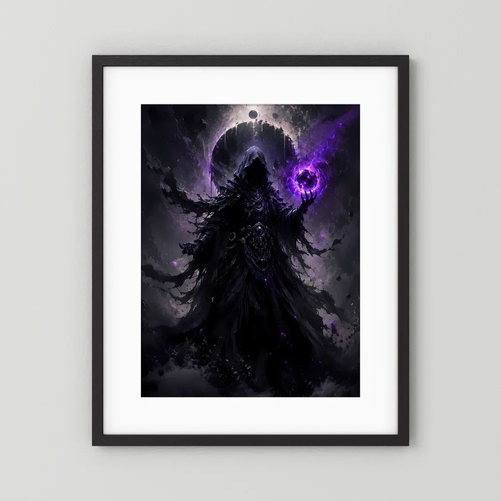 Fantasy-Poster im schwarzen Rahmen mit weißem Passepartout: violette Energie