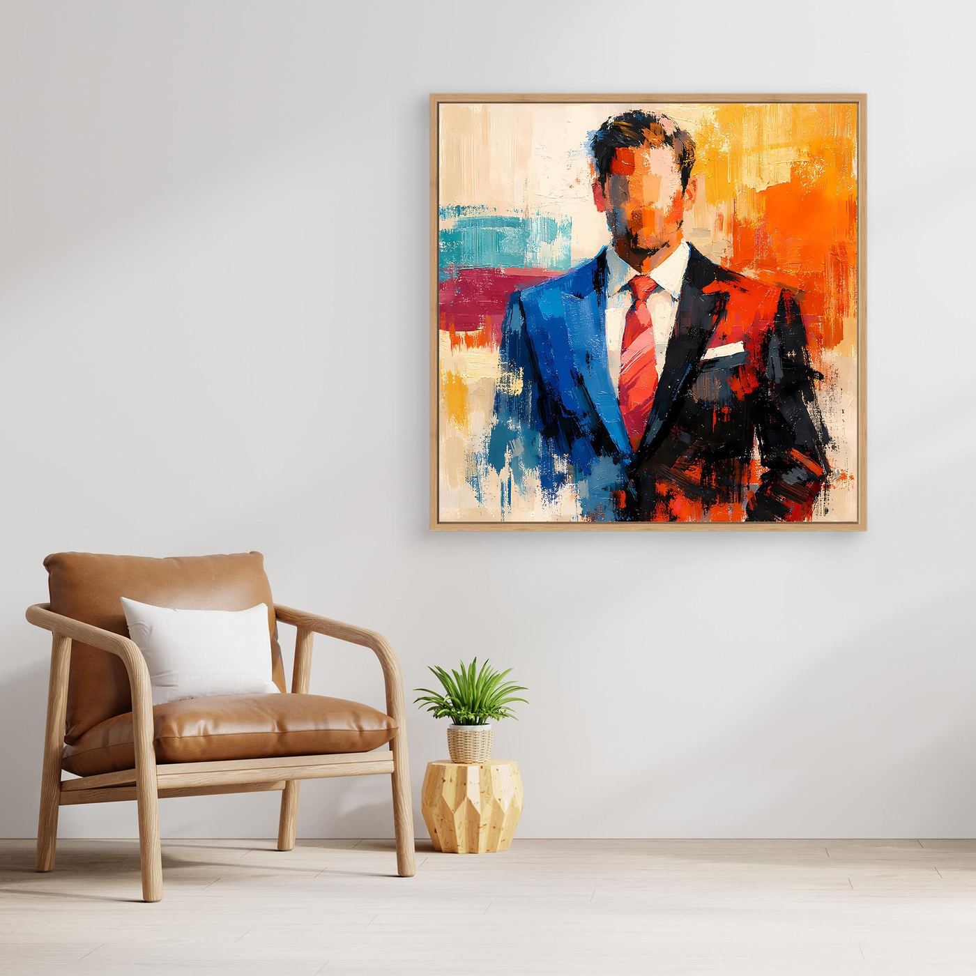 Abstract business portrait wall art in a light wood frame; blue suit with orange and red accents.