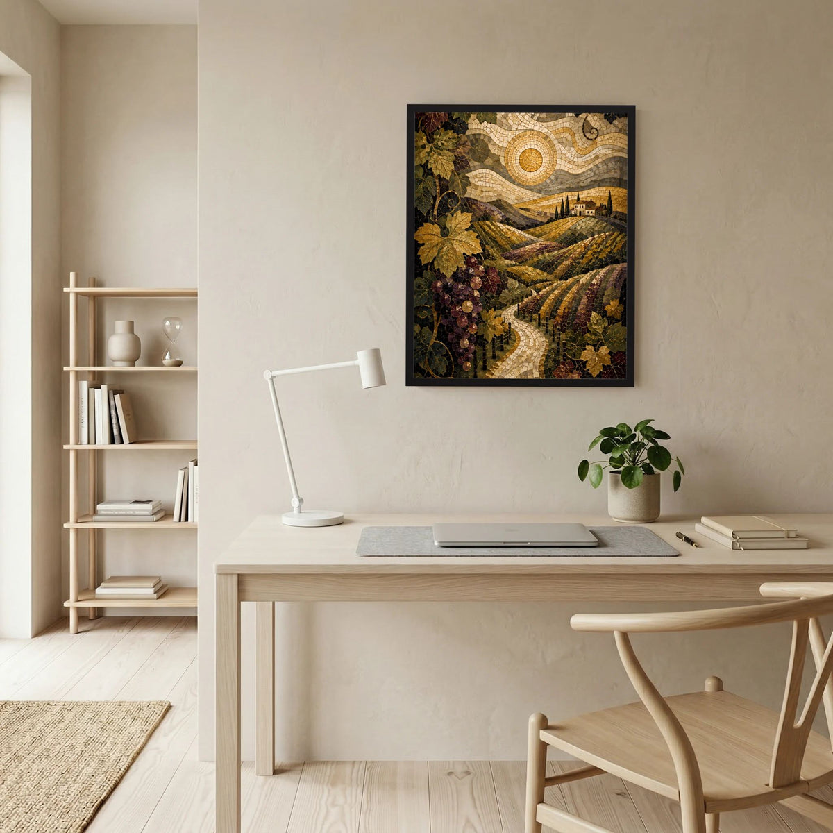 Gerahmtes Hochformat-Poster mit toskanischer Weinlandschaft im Mosaikstil und Weintrauben