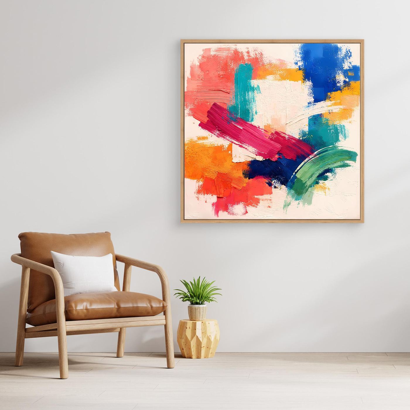 Colorful abstract canvas painting with bold brush strokes, oak frame
