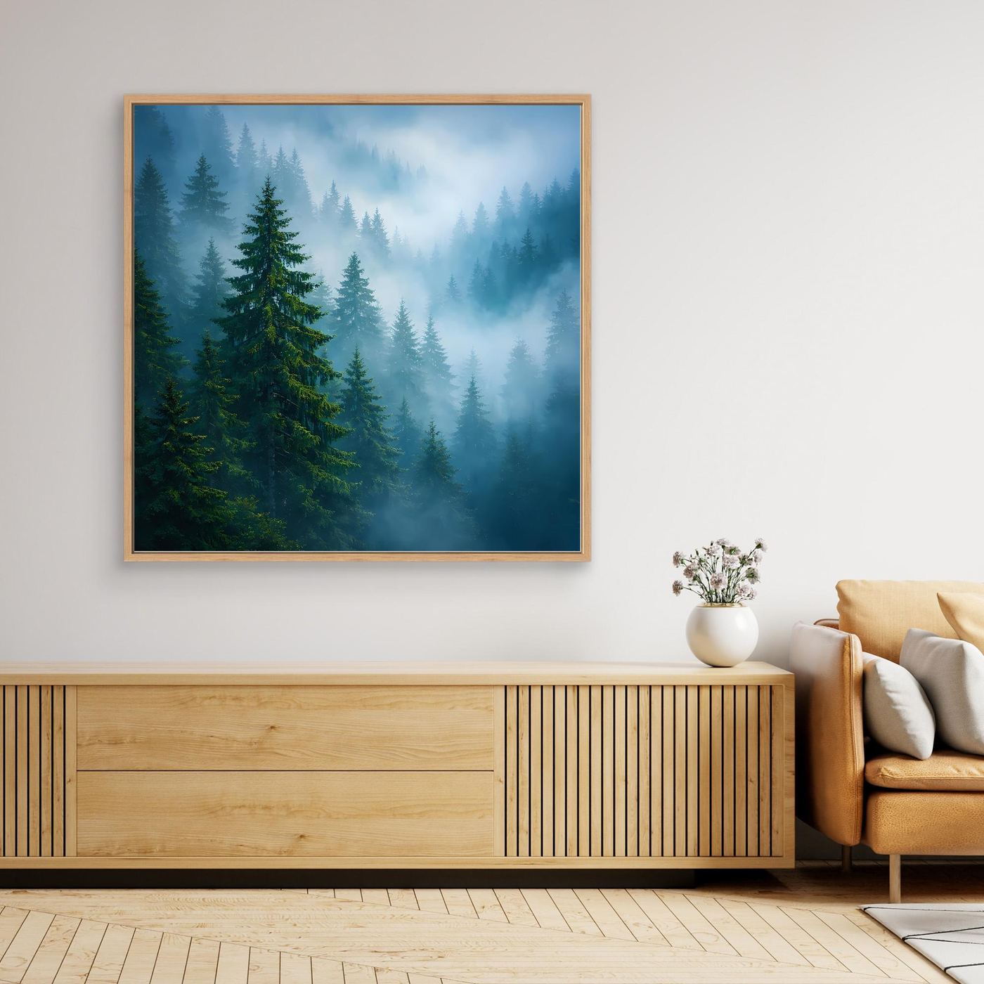 Leinwandbild mit Tannenwald-Motiv und Nebel, rechteckig, Holzrahmen in Eiche