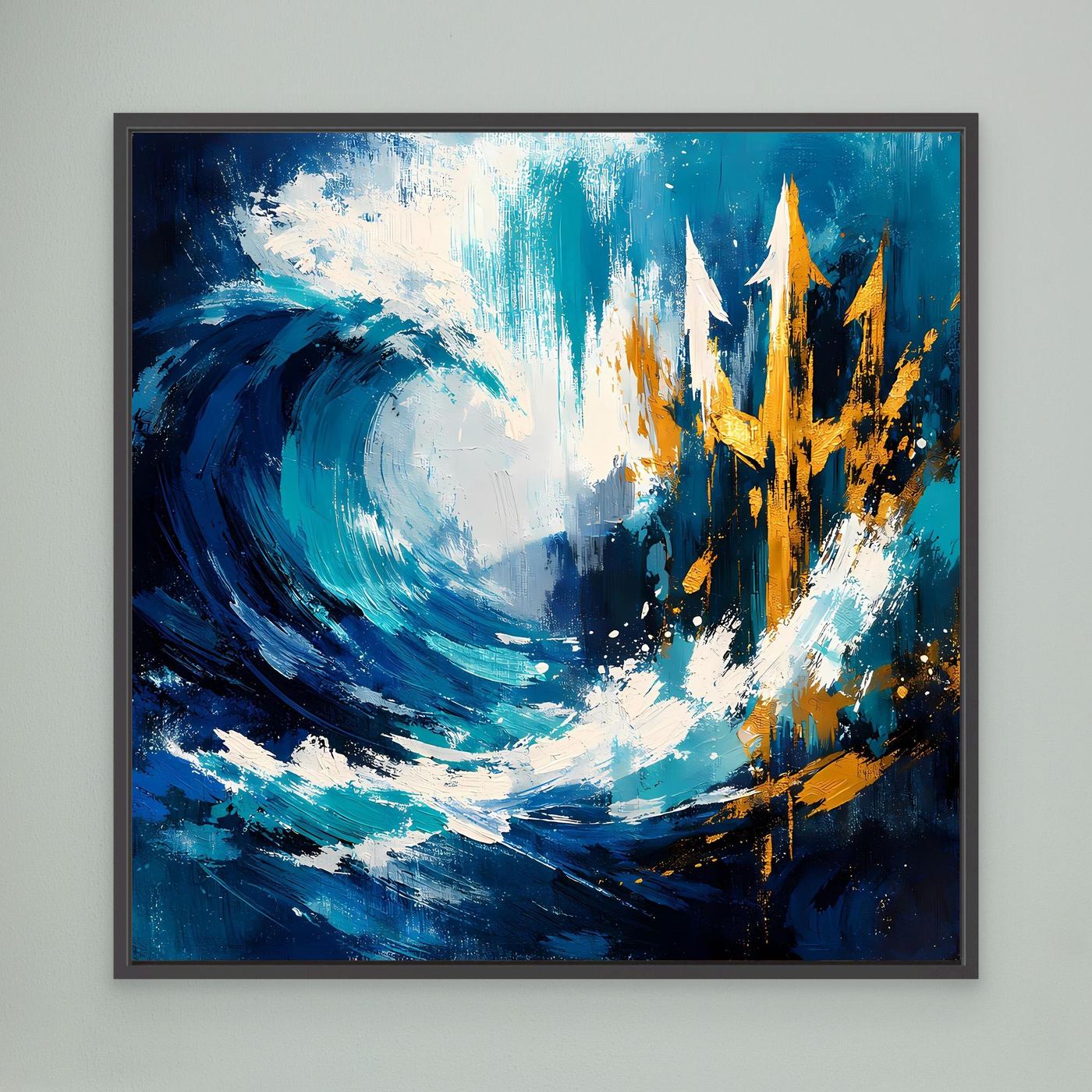 Framed ocean wave canvas art with gold skyline and blue abstract brush strokes, black frame