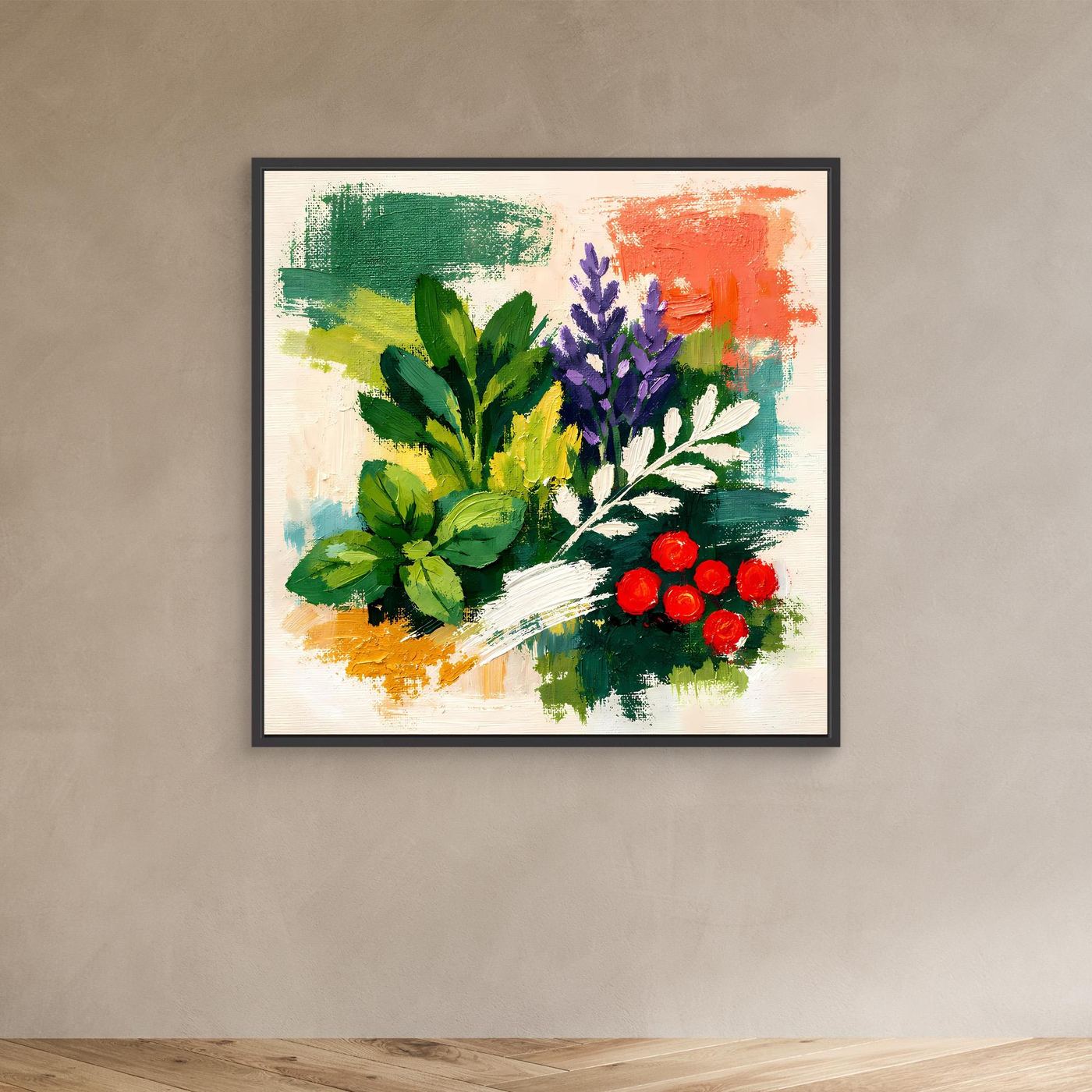 Abstract herb wall art painting with green and purple herbs and red flowers, in dark frame