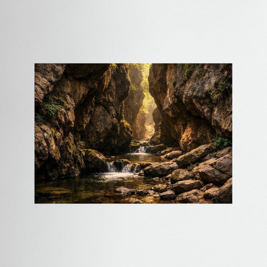 Naturposter im Querformat mit Schlucht, Fluss und Felswänden im Sonnenlicht
